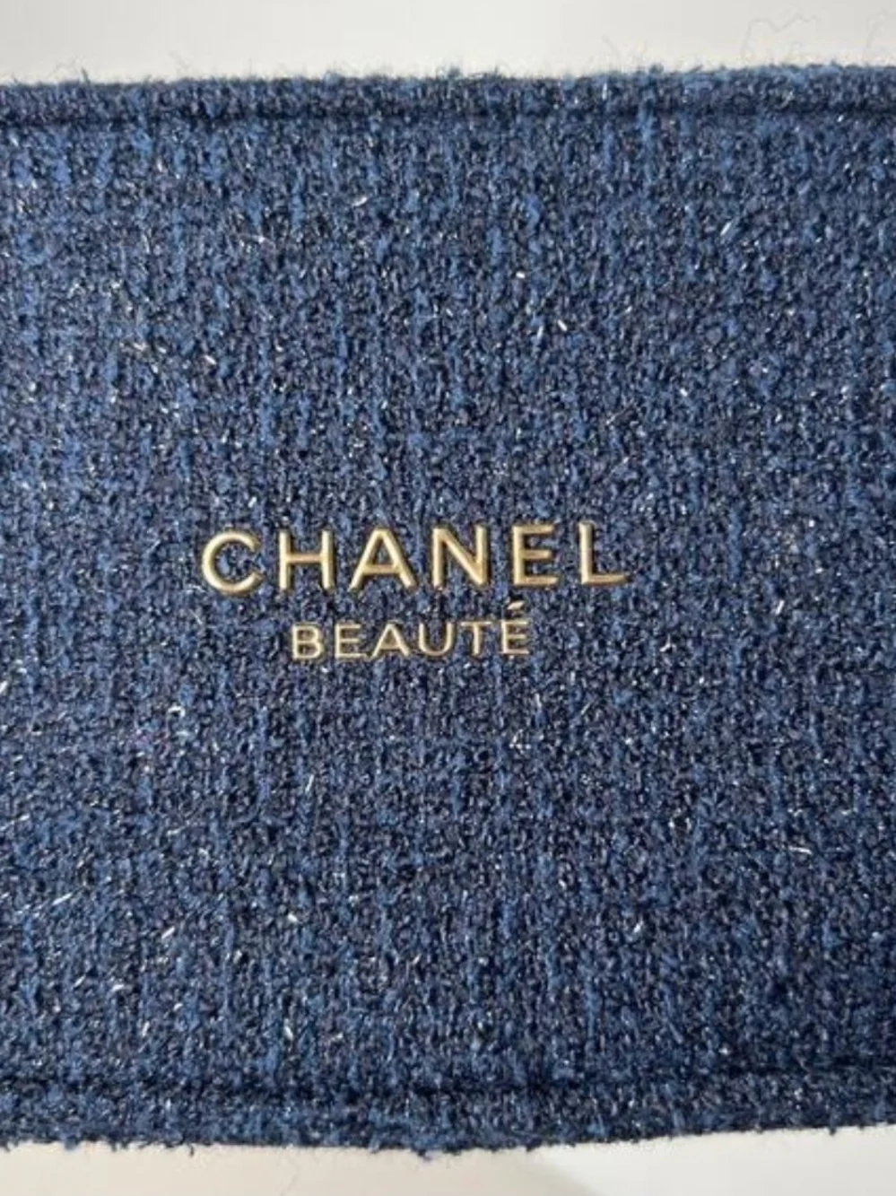 CHANEL Beauty Navy Tweed Mini Cosmetic Case with Gold Logo